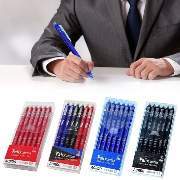 Apeya Erasable Gel Ink Pens, Retractable Fine Point Black Ink Smooth Writing Pen with Top Rubber Eraser, Aesthetic Planner Journaling Pens for Men Women, 6 Pcs