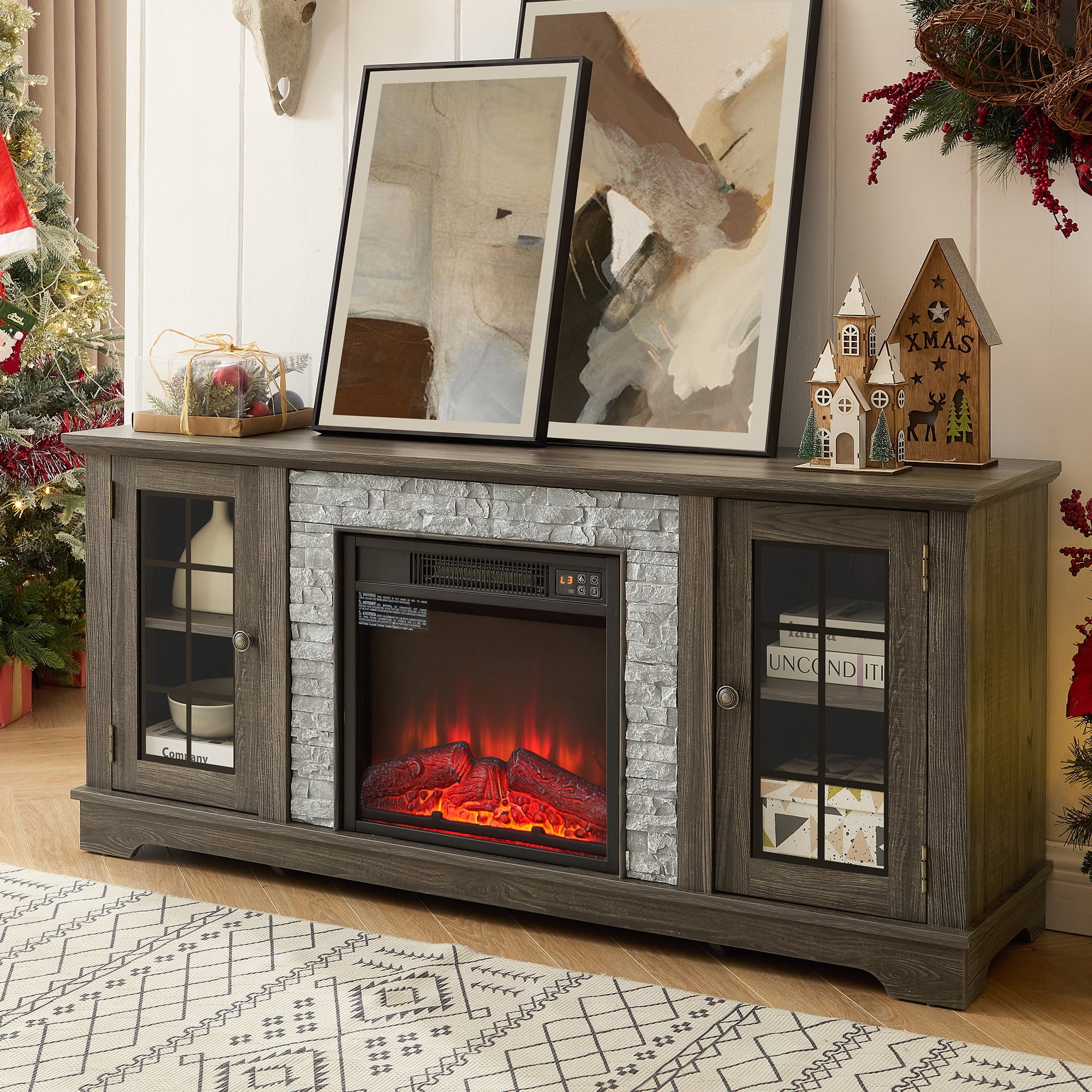 Fireplace TV Stand for TVs up to 65", Paproos Farmhouse TV Stand with 18" Electric Fireplace, Entertainment Center Televison Console Table with Realistic Stacked Stone & Adjustable Shelves, Grey