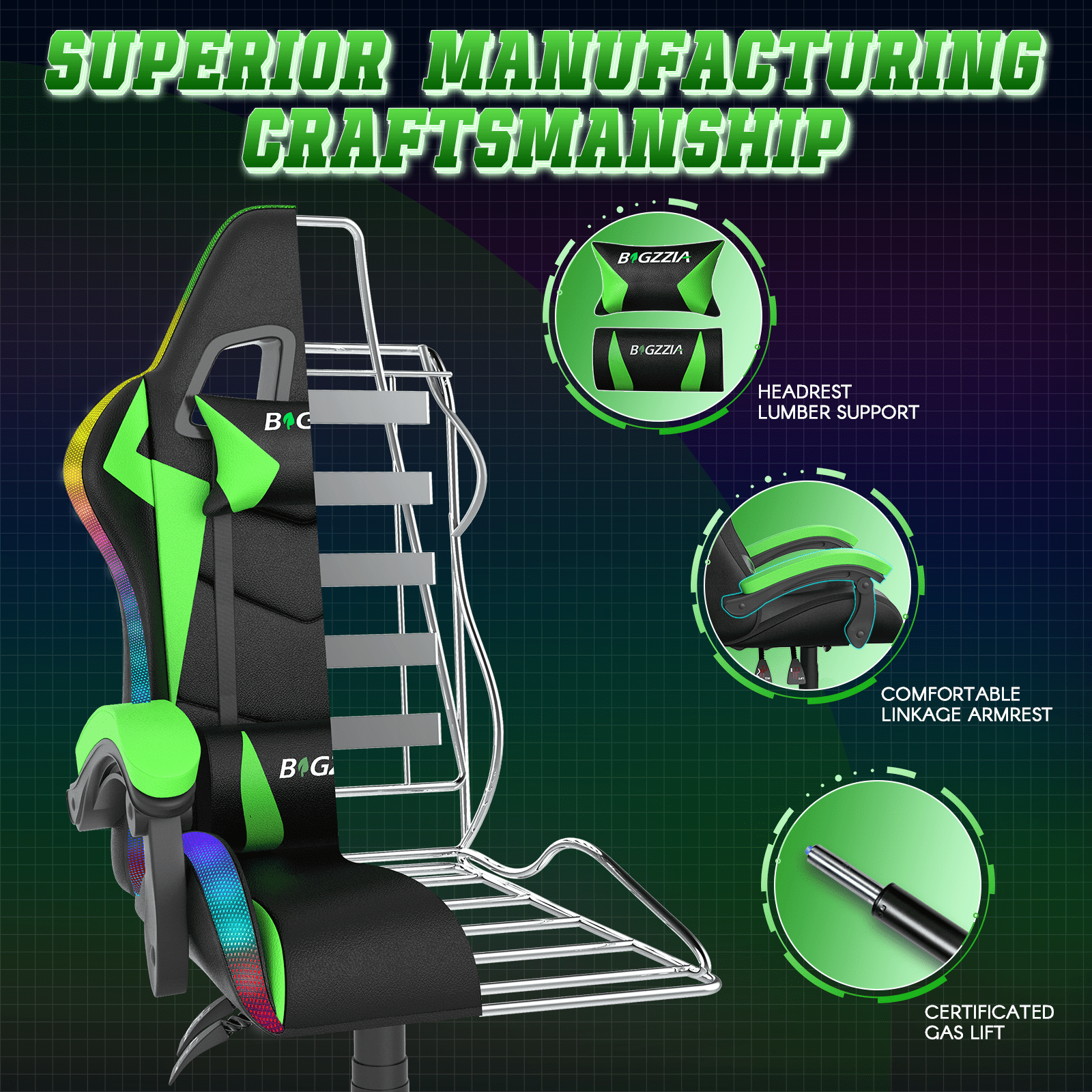 Bigzzia Gaming Chair with LED Lights Ergonomic Office Chair for Adults and Kids - Adjustable Height, 360° Swivel, Headrest Support, Mesh PU Leather, Black & Green
