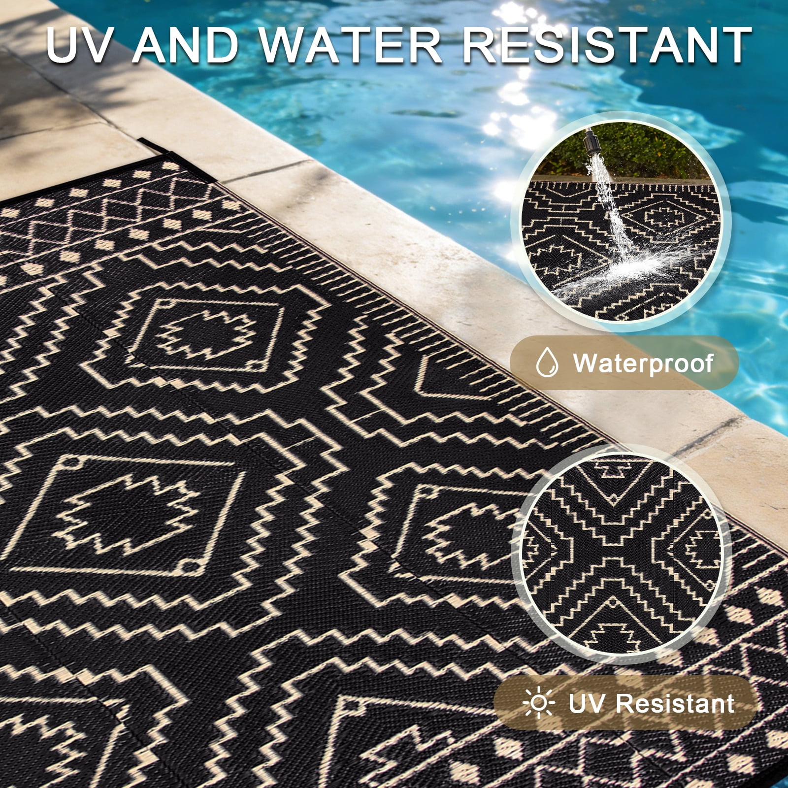 Lahome Waterproof Outdoor Rug 6x9, Reversible Plastic Straw Patio Mat - Moroccan Design for Backyard, Balcony, Garden, Deck, RV Camping, Black & Beige