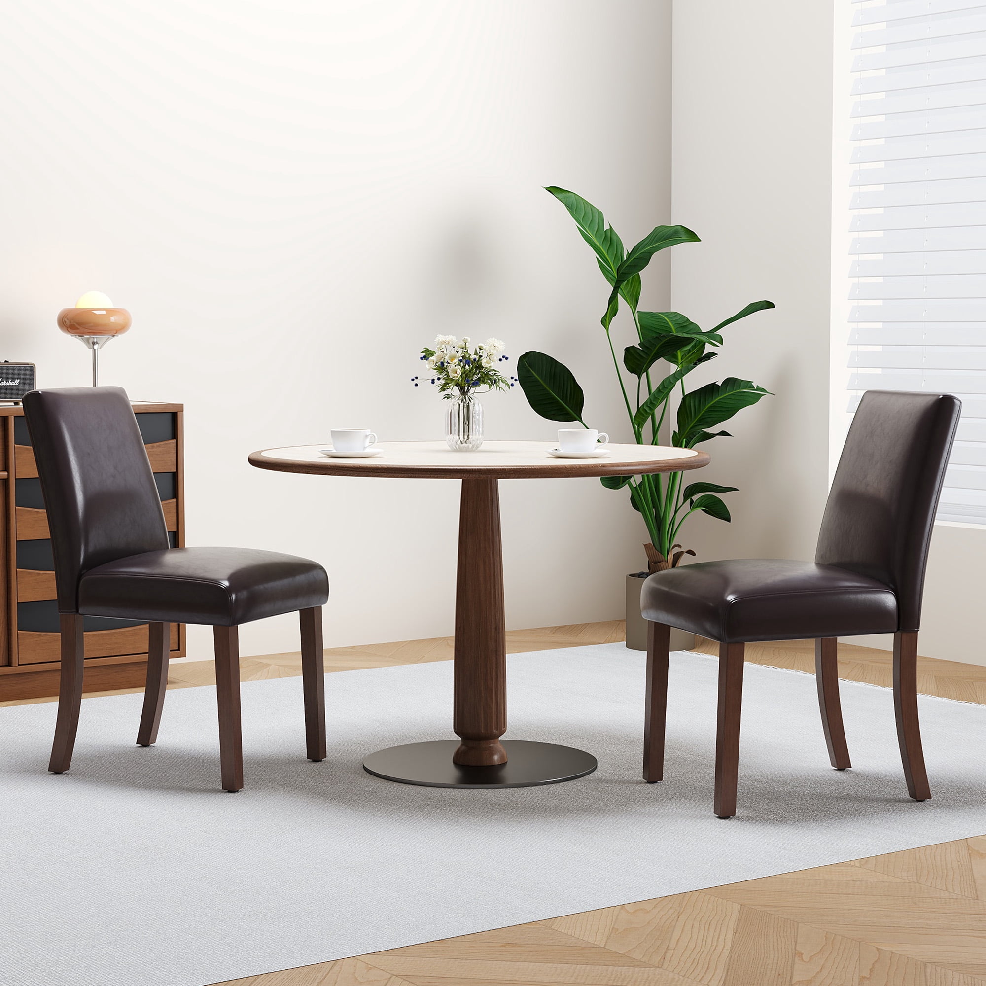 EOP Upholstered Dining Chairs Set of 2, Faux Leather Dining Side Chairs, Farmhouse Dining Room Chairs, Stylish Kitchen Chairs with Solid Wood Legs and Padded Seat, Dark Brown