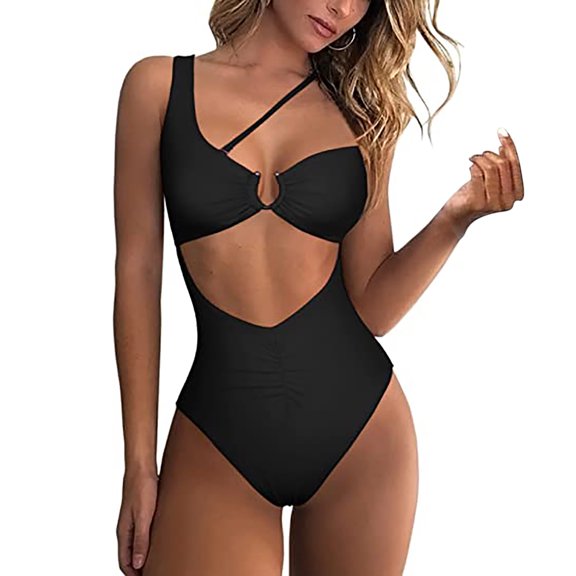 Sexy Womens One Shoulder Swimwear Cutout Ruched Back High Cut Monokini One Piece Swimsuit Summer Beach Bathing Suit