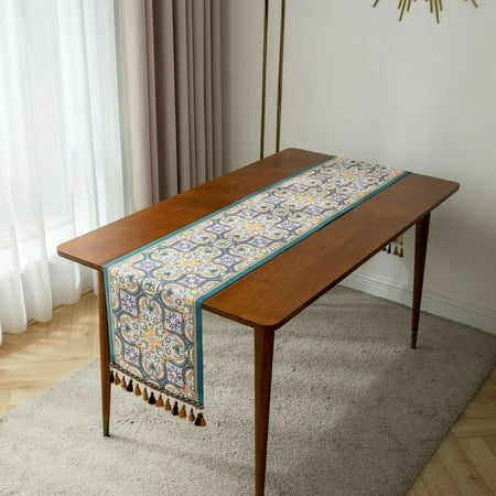 

Macrame Table Runner with Tassel Pendant Retro Flowers Rectangular Thick Tablecloth Bar Cloth Home Dining Table Decor