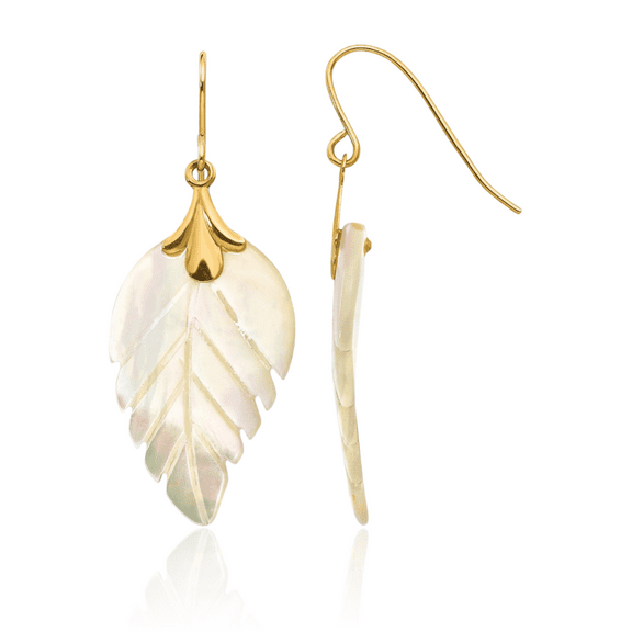 14K Solid Yellow Gold Mother of Pearl Leaf Drop Dangle Earrings