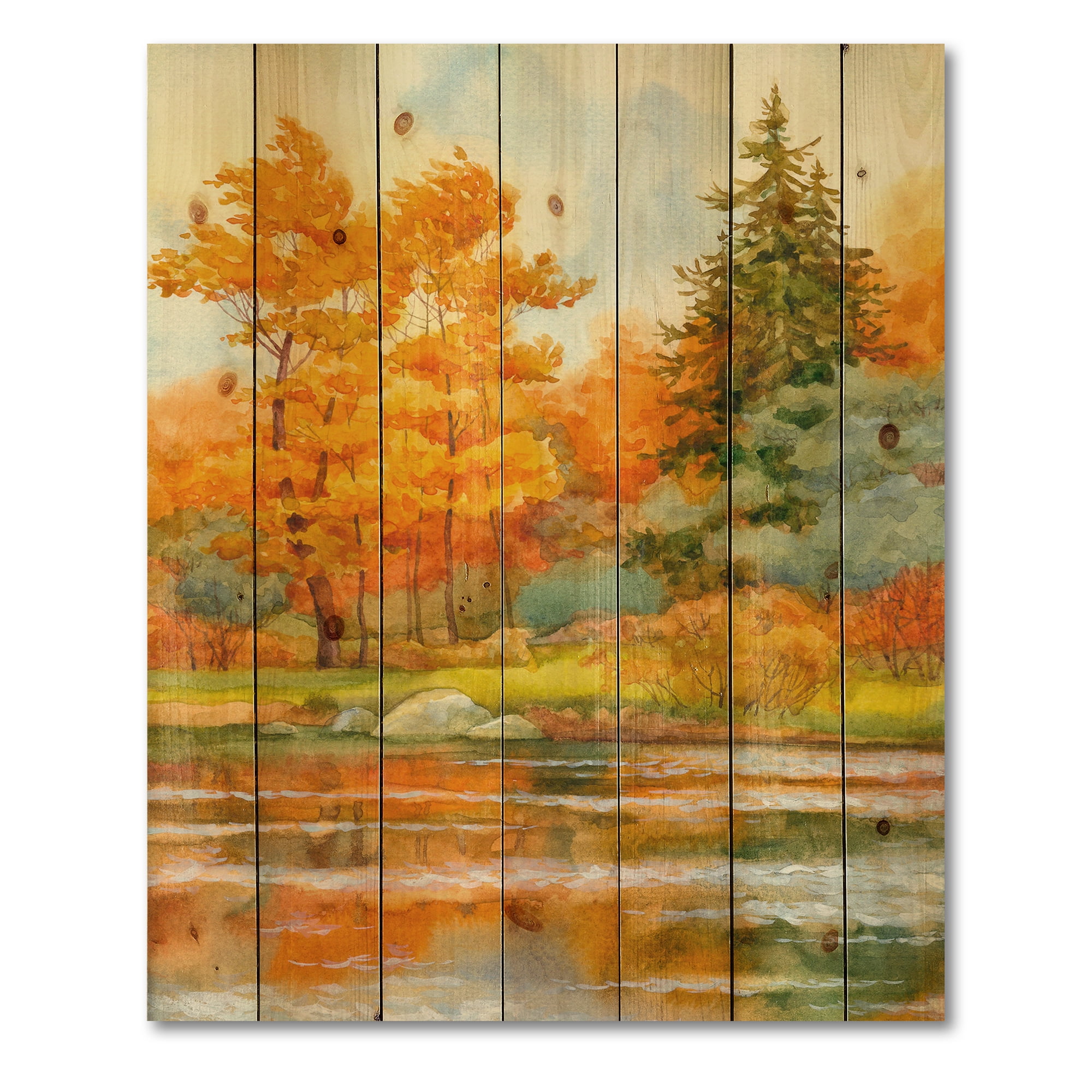 Designart 'Autumn Forest By The Lake Side IV' Lake House Print on Natural Pine Wood