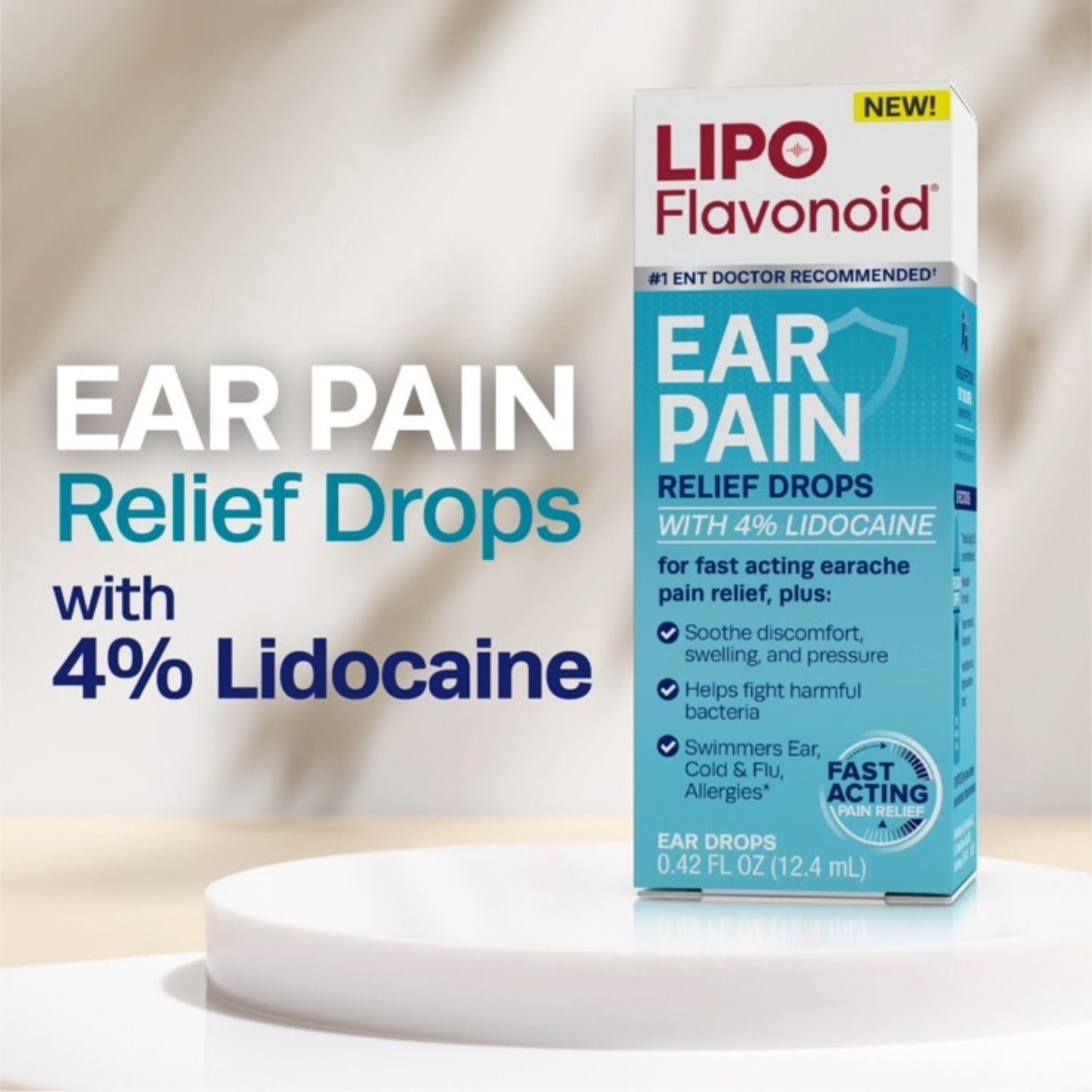 Lipo Flavonoid Ear Pain Relief Drops with 4% Lidocaine, Fast Acting, 12.5mL