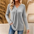 thumbnail image 2 of Women's V Neck Long Sleeve Ribbed Knit Tunic Tops Button Decor Pleated Front Casual Loose Fit Blouse Fall Winter Fashion Sweater Gray, 2 of 9
