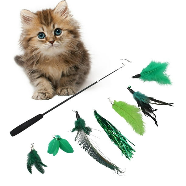 Lipstore Cat Feather Toy Set Retractable Fishing Pole Exerciser 7 Replacement Feather Green 97cm Long