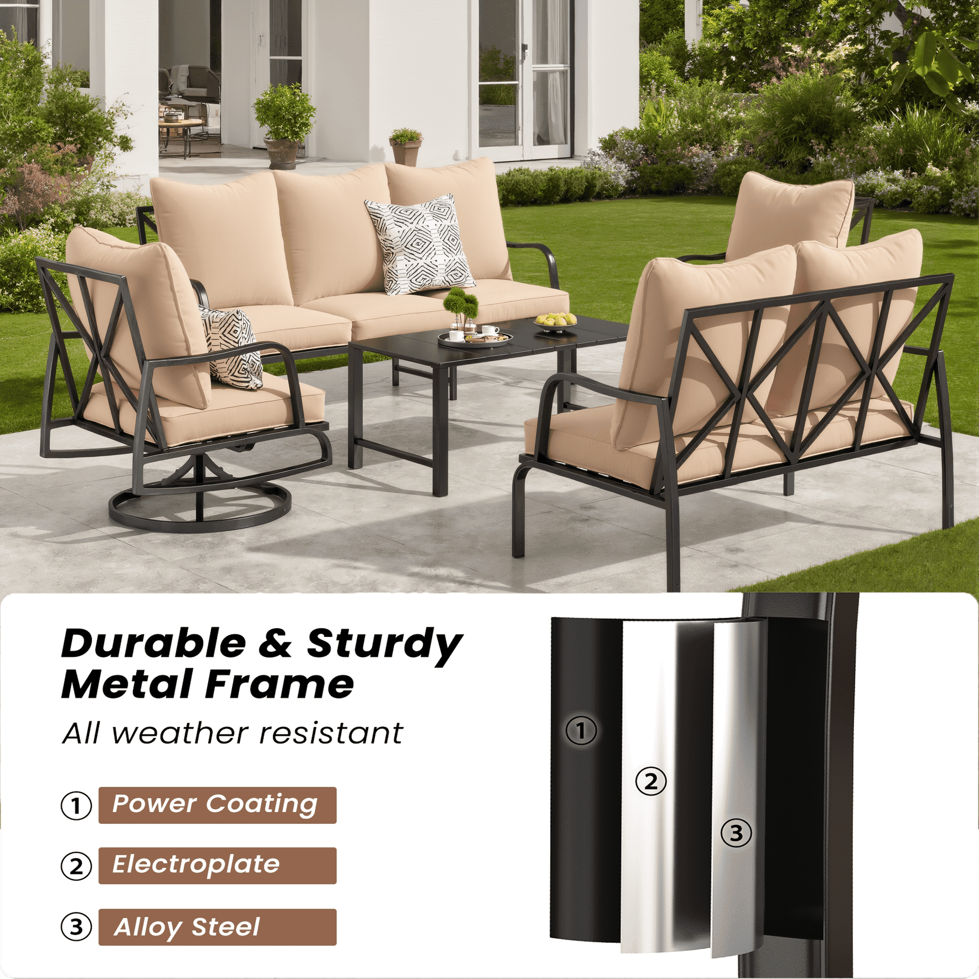 MAYEERTY 5-Piece Metal Frame Outdoor Patio Set with Swivel Chairs, 3-Seater Sofa, Loveseat and Coffee Table