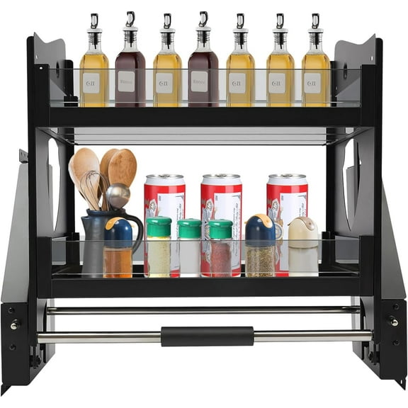 Pull-down Cabinet Organizer 2 Tier Kitchen Cabinet Pull Down Shelf Sliding Shelf Three-gear Adjustment Width Adjustable Spice Rack Organizer for Kitchen Cabinets 66.14 lbs Load Black