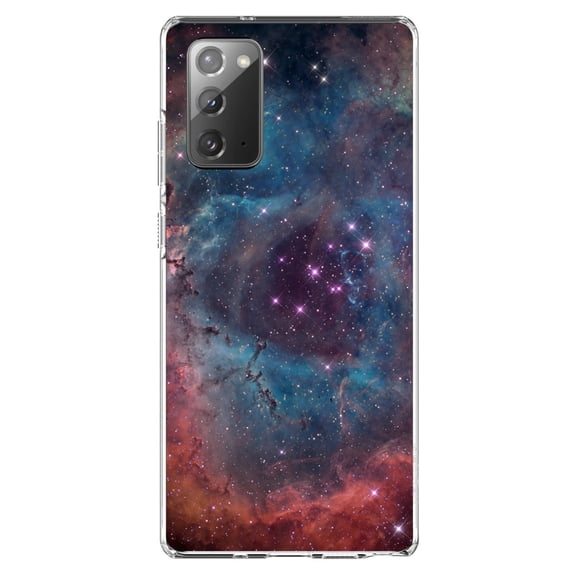 DistinctInk Clear Shockproof Hybrid Case for Samsung Galaxy Note 20 (6.7" Screen) - TPU Bumper, Acrylic Back, Tempered Glass Screen Protector - Purple Blue Pink Rosette Nebula - Astronomy