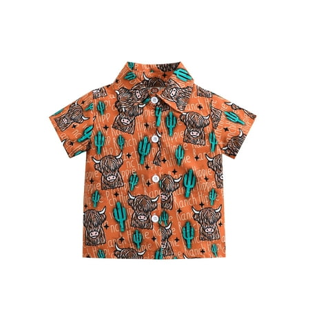 

Genuiskids Toddler Baby Boy Button Down Shirt Short Sleeve T-Shirt Tops Western Cowboy Casual Tee Summer Clothes Short Sleeve Cattle Cactus Orange 3-6M