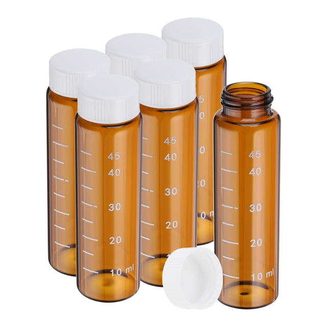 Uxcell 6Pcs 50ml pequeños frascos de vidrio marrón con tapa de rosca blanca, botellas de muestra graduadas de vidrio borosilicato