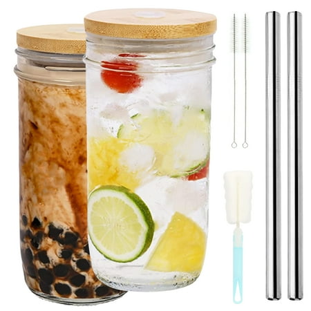 

OROMYO 2Pcs Mason Jar Bottle with Bamboo Lids and Stainless Steel Straw 24oz Reusable Glass Cups with Brushes Drinking Glasses for Iced Coffee Juice Cocktail