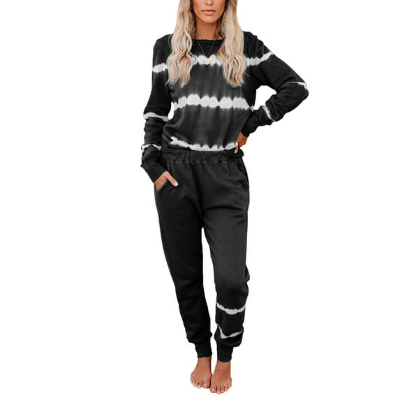 Frontwalk Ladies Pjs 2 Pieces Nightwear Suit Sleep Pajamas Set Homewear Elastic Waist Trousers Sleepwear Outfits Crew Neck Home Clothes Black L