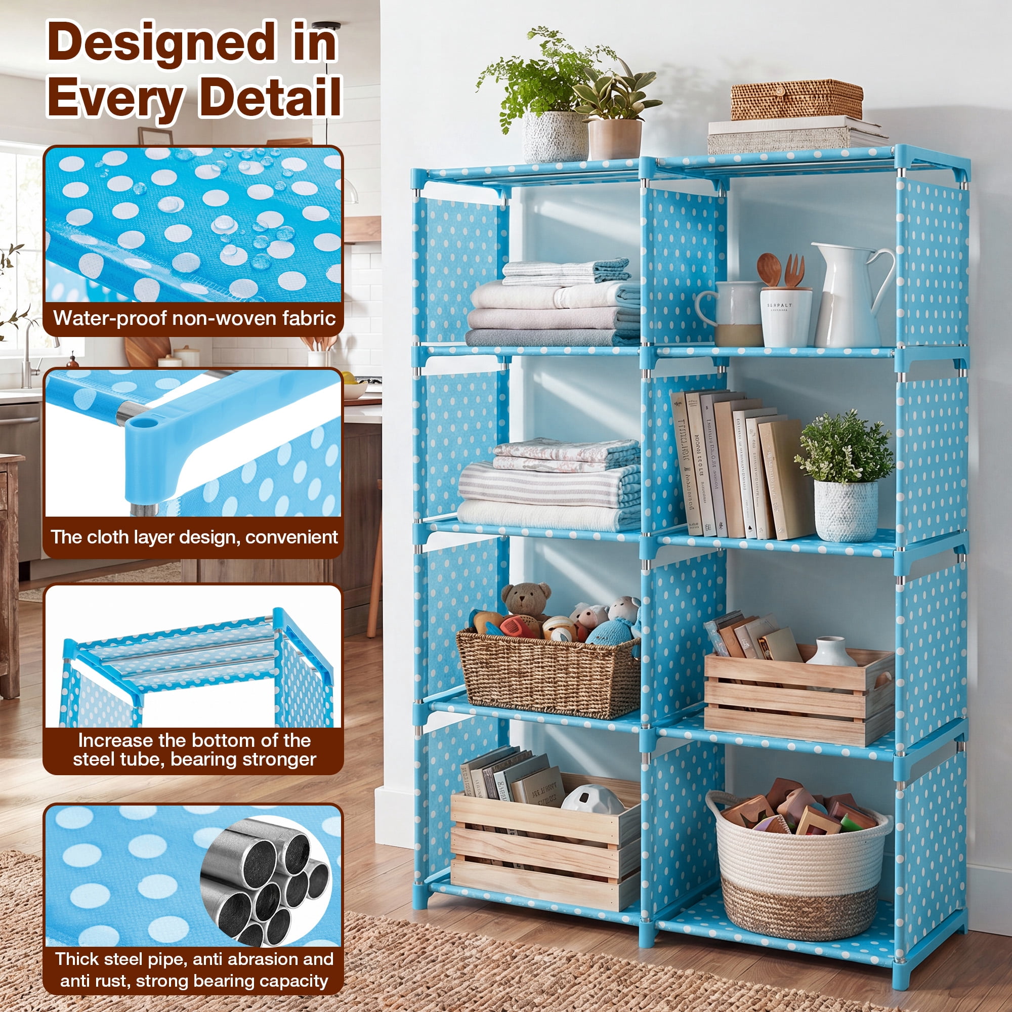 Novashion 8-Cube Portable Bookcase Organizer, Grey Blue Pink