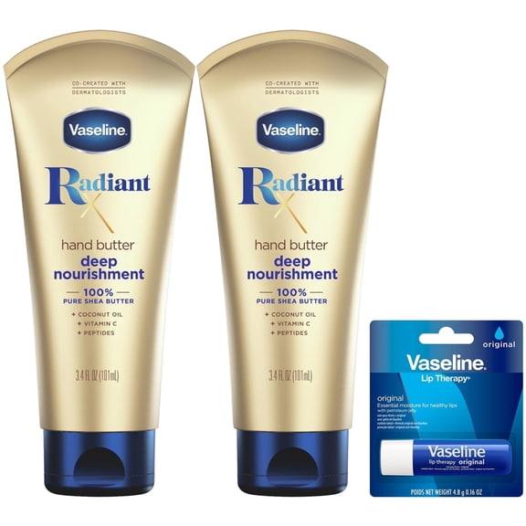 Vaseline Lotion, Radiant X Deep Nourishment Hand Butter - Shea Butter, Coconut Oil for Skin, Vitamin C, and Peptides Hand Lotion for Dry Skin, 3.4 Oz (Pack of 2)