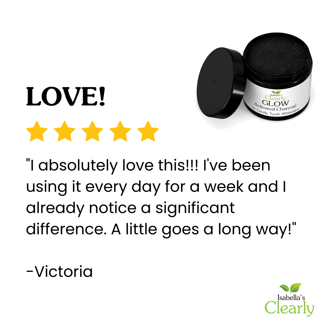 Isabella's Clearly GLOW Teeth Whitening Activated Charcoal Powder Set with Bamboo Toothbrush and Copper Tongue Scraper