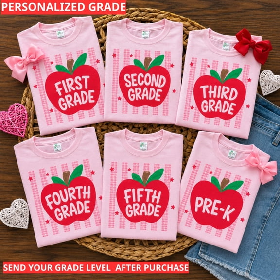 Back To School Shirt, Personalized Grade Level Shirt, Custom Apple School Outfit, Pink Teacher Student Tee, First Day Of School Gift