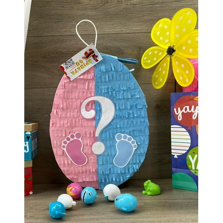 19" Tall Easter Egg Pinata with Baby Footprints for Gender Reveal Party Pink & Blue Color Easter Party Supplie He or She Boy or Girl Easter Sunday Decorations What will our bunny be?