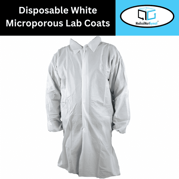 MMBM White Microporous Disposable Lab Coat, 50G with Collar, Elastic Erists, Snap Closure, Small - 50 Pcs