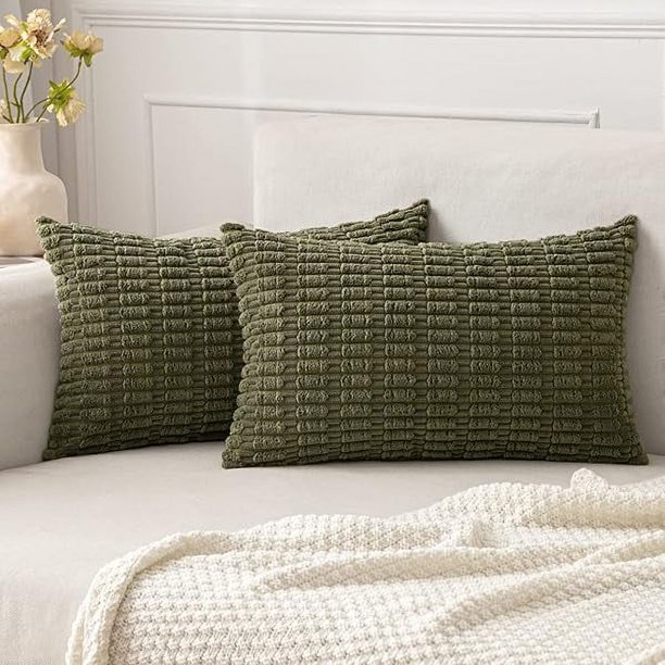 wonima44 MIULEE Pack of 2 Corduroy Decorative Lumbar Throw Pillow Covers 20x12 Inch Soft Boho Striped Pillow Covers Modern Farmhouse Home Decor for Summer Sofa Living Room Couch Bed Olive Green