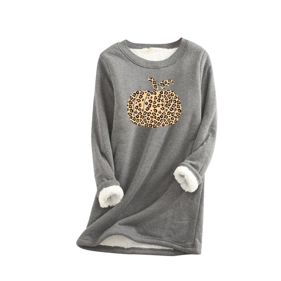 IROINNID Long Sleeve Shirts for Women Winter Warm Deals Women's Plush Thermal Undershirt Halloween Printed Long Sleeved Round Neck Top,Dark Gray