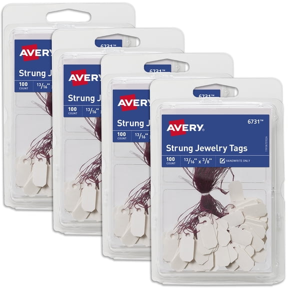 Avery Jewelry Tags with String, 100 Tags per Pack, 4 Packs, 400 Small Price Tags Total (06731)