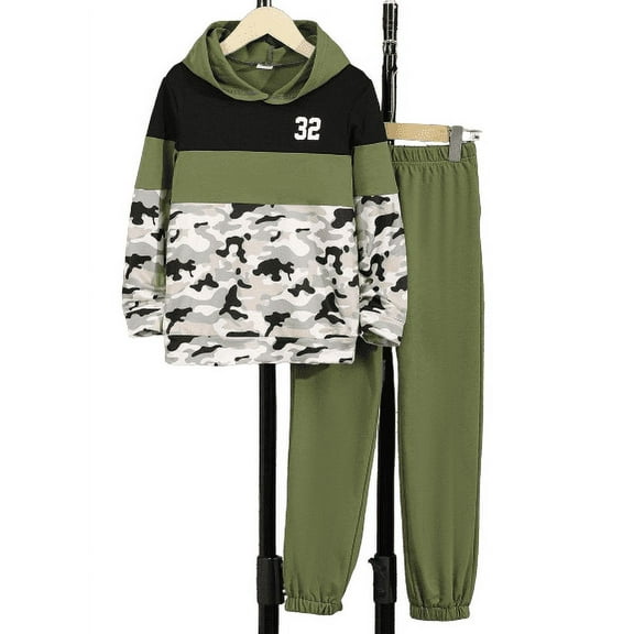 Mikrdoo Big Boys Fall Winter Outfits Pants Sets Color Block Camouflage Print Casual Pullover Hoodies Tops Elastic Trousers 2Pcs Clothing Size:7T-14T Green