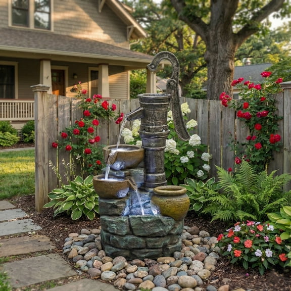 Alukang 32 Inch Outdoor Waterfall Fountain with Vintage Pump, Garden Water Fountains with LED Lights for Patio Lawn Backyard, Gray