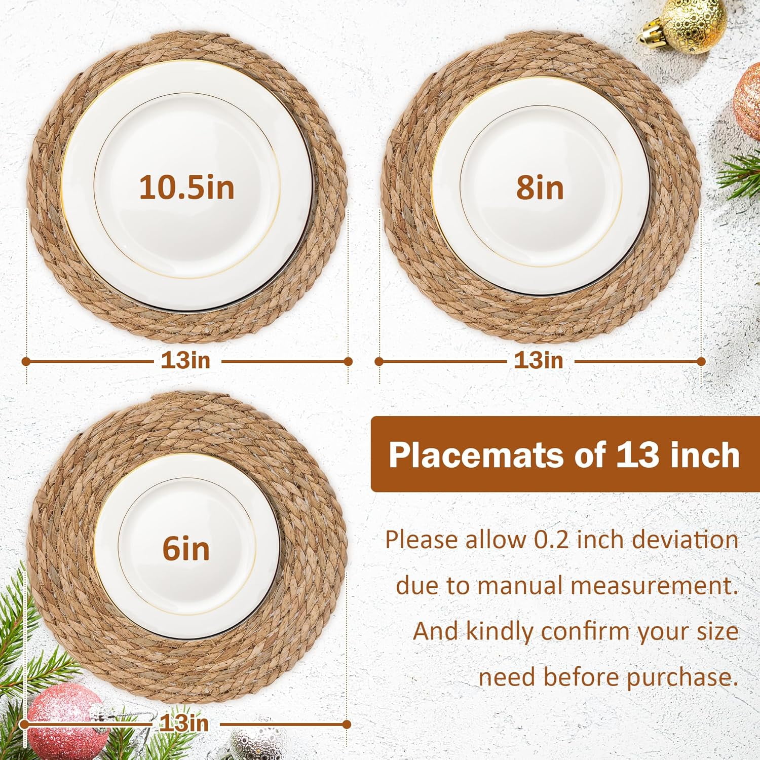 Set of 6 Round Woven Placemats, 13" Natural Water Hyacinth Boho Table Mats, Rustic Rattan for Dining, Wicker Place Mats for Home & Weddings