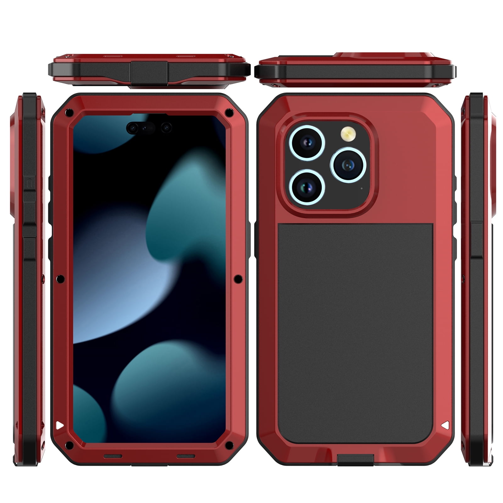 for iPhone 16 Plus Case, 360 Full Body Protective Cover Heavy Duty Shockproof Armor Aluminum Alloy Metal Case with Silicone Built-in Screen Protector for iPhone 16 Plus, Red