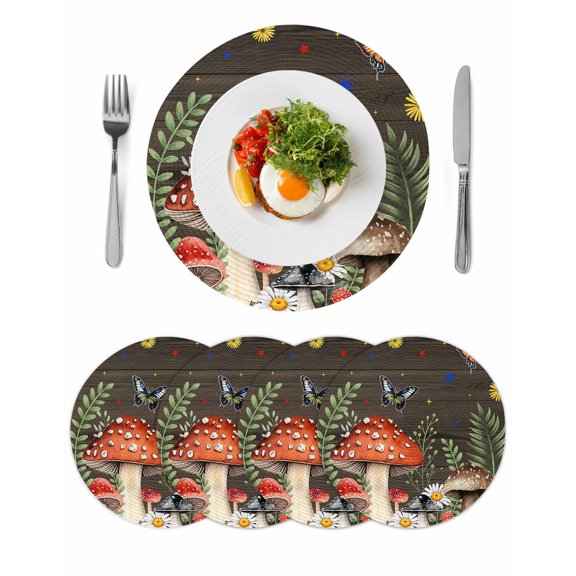 Spring Mushrooms Round 13 Inch Placemats Set of 4, Farmhouse Pastoral Botanical Brown Wood HeatResistant Non Slip Place Mats for Dining Table, Wipeable Braided Kitchen Table Mats for Housewarming