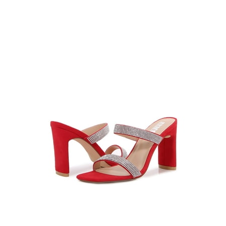

Women Double Strap High Chunky Heeled Slip On Slide Sandals (Double Rhinestoned Red 8)