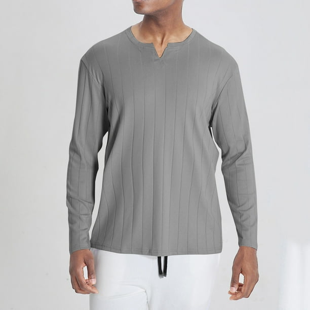 pstuiky Camisas casuales de manga larga para hombre, Camisa deportiva de entrenamiento fácil para hombre, elástica, de color liso, con cuello en V y manga larga Tops de talla grande para hombre xxl