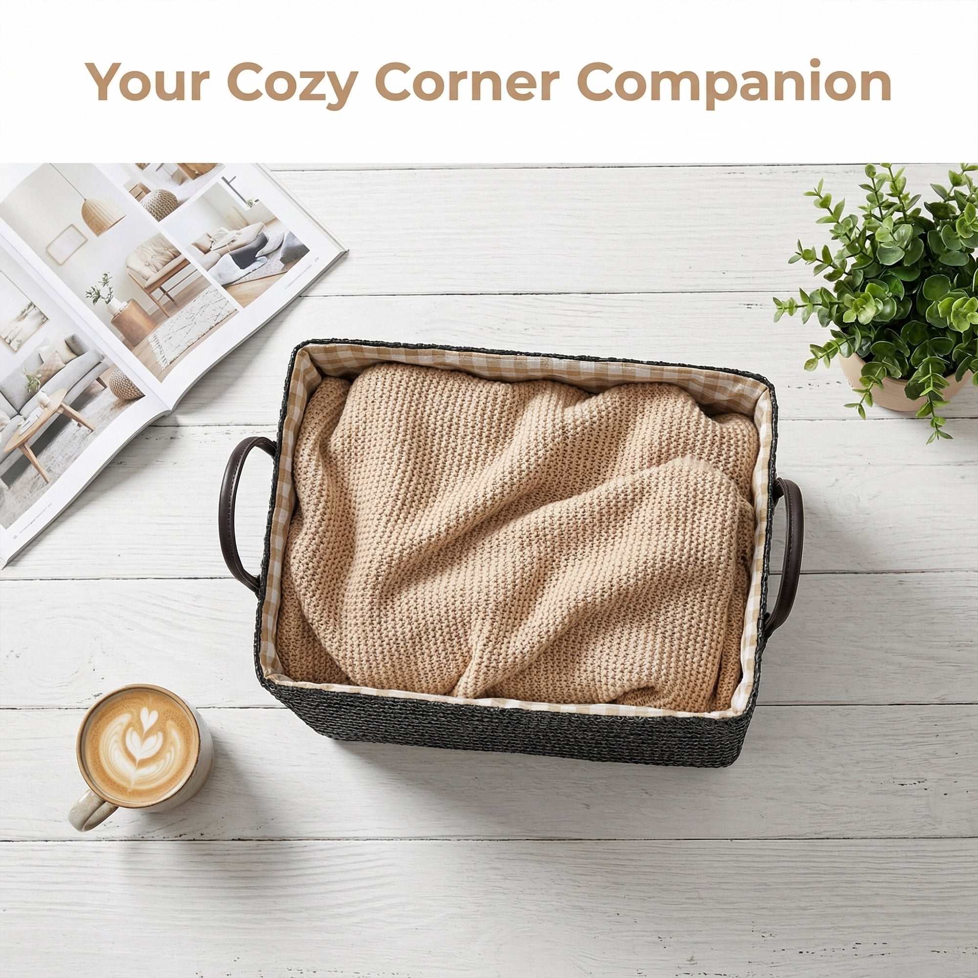 Unique Bargains Compactable Woven Storage Basket Storage Bin Black 13.8*10.2*11.8in