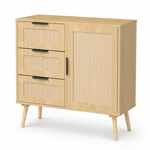 CHEMPFR Rattan Dresser with 3 Drawers and Adjustable Shelf, 31.5" Storage Cabinet with Door, Wood Accent Cabinet with Solid Wood Legs for Bedroom, Living Room, Entryway, Natural