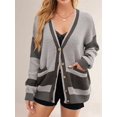 thumbnail image 4 of Women'S Fall Color Block Oversized Cardigan Sweater V-Neck Button Down Knit Cardigan Jacket Grey L, 4 of 6