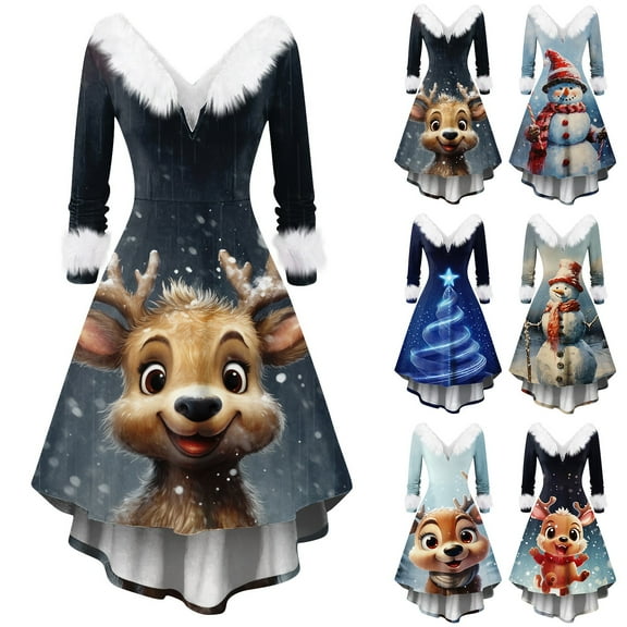 Women's Fashion V-Neck Casual Fit Christmas Print Party Long Sleeve Dress, Ugly Christmas Sweater Women Style for Festive Fall and Winter Events,Gray,L