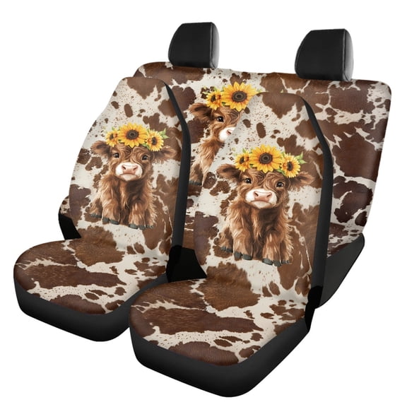 Kuiaobaty Washable Front and Rear Seat Covers for SUV Van Car Truck Retro Brown Highland Cow Sunflower Pattern Car Seat Protector High Back Bucket Seat Covers Interior Accessories, Pack of 4