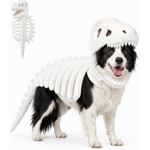 Pet Dinosaur Costume Soft Plush Skeleton White Realistic 3D Design, Machine Washable, Flexible Tail, Slip-On for Halloween Parties Medium Large Dogs Cats.