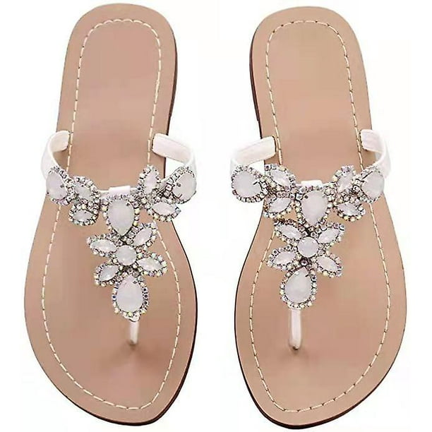 Sandalias con diamantes de imitación Sandalias planas para mujer Sandalias con pedrería Flip Flop