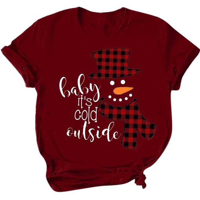 Camisas Navideñas Para Mujer Moda Casual Impresión Cuello Redondo Suelto Manga Corta Suéter Tops Odeerbi ODB205310