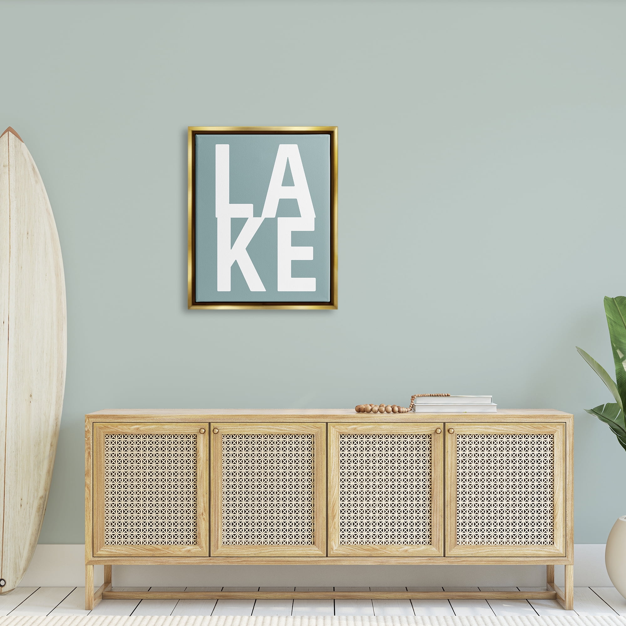 Stupell Lake Phrase Turquoise Letters Landscape Painting Gold Floater Framed Art Print Wall Art