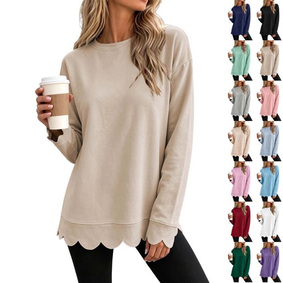 Xaqiouau Womens Oversized Crewneck Sweatshirt Scalloped Hem Long Sleeve Pullover Tunic Top Loose Fit Lightweight Casual Fall Winter Tops