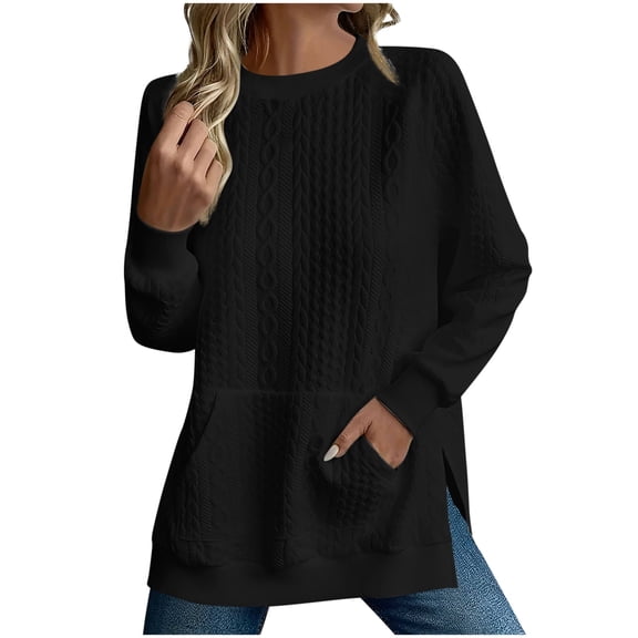 Duoif Fall Sweatshirts for Women, Women's Side Slit Sweatshirt - Round Neck with Pocket Womens Sweatshirt Black L
