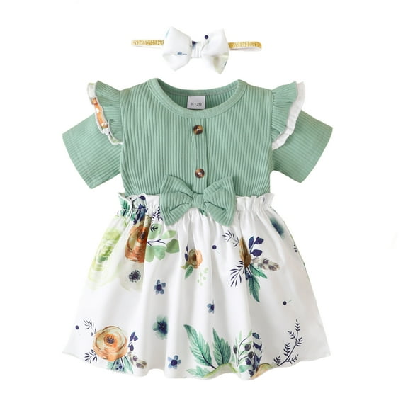 2T Baby Girls Dress 3T Girls Short Sleeve Dress Flower Print Toddler Girls Summer Floral Dress with Headband Green