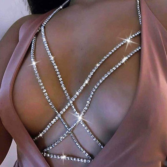 Crystal Body Chain Bikini Body Chain Nightclub Chest Chain Fashion Women and Girls Body Jewelry (Silver)