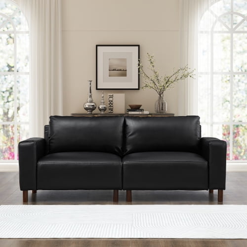 78.5" Big Loveseat Sofa, Upholstered Breathable Faux Leather PU Couch for Living Room Apartment, Mid-Century Modern Black Loveseat