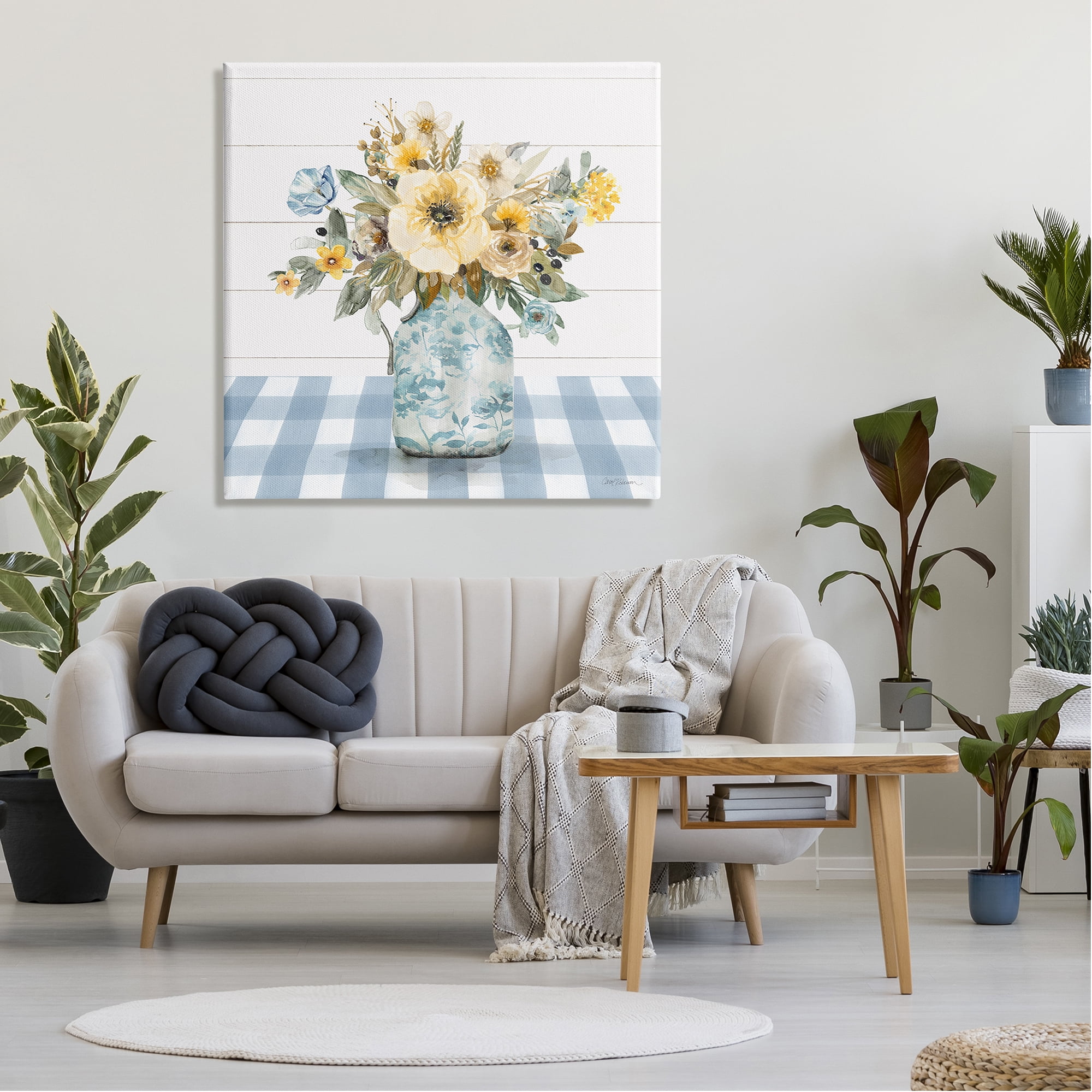 Stupell Industries Bouquet with Blue Plaid Botanical & Floral Painting Gallery Wrapped Canvas Art Print Wall Art, 36 x 36